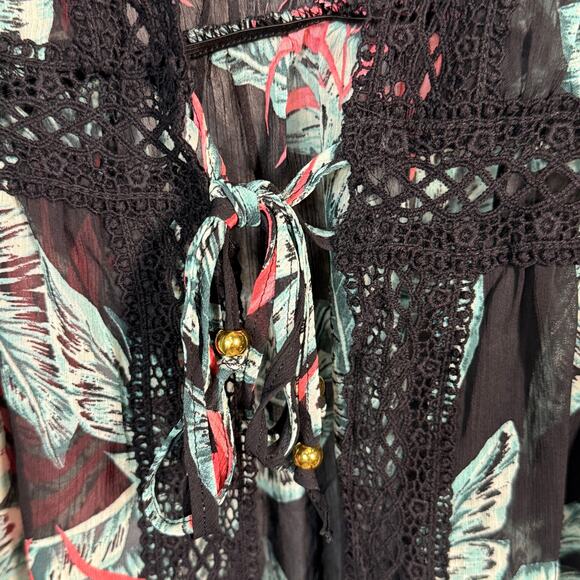 Miken Juniors' Crochet-Trim Kimono Cover-Up black/wild watermelon XS - Picture 3 of 6